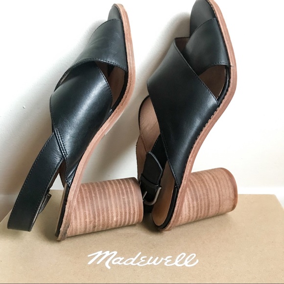 Madewell Black Leather Ruthie Crisscross Cylindrical Block Heel Peep Toe Pump 9 - Picture 5 of 11